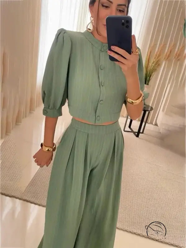 Sage green summer striped half sleeve top and trousers suit