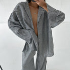 Loose-fitting gray white striped button-up shirt in Langry fashion ملابس