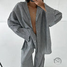 Langry fashion loose gray white striped button-up shirt with wide sleeves