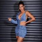 Elegant off Shoulder Denim Hip Wrapped Short Dress
