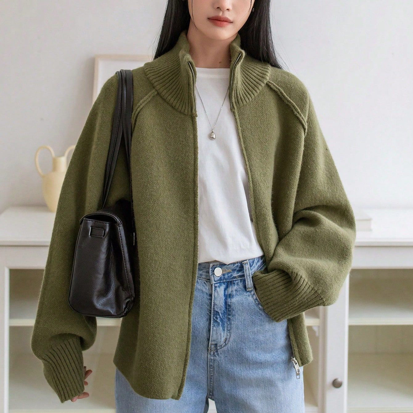 Winter Korean Stand Collar Zipper Knitted Cardigan Top