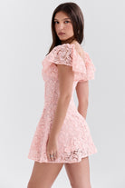 Pink lace mini dress with puff sleeves, perfect for elegant daily fashion and ملابس
