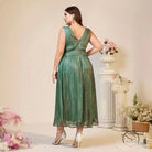 Beautiful suspender maxi dress: plus size green glittery V-neck sleeveless midi