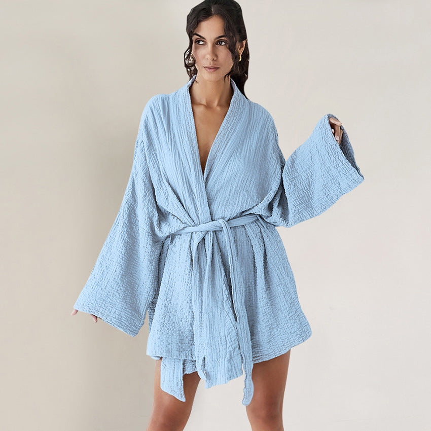 Light blue textured short nightgown with tie waist, stylish and comfortable fashion piece