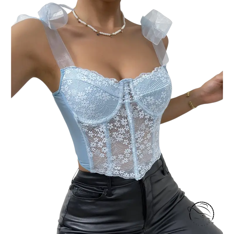 Sky blue boning corset top in light blue lace