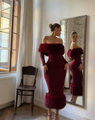 Enchanting Fur Slim Fit Evening Dress in burgundy fashion