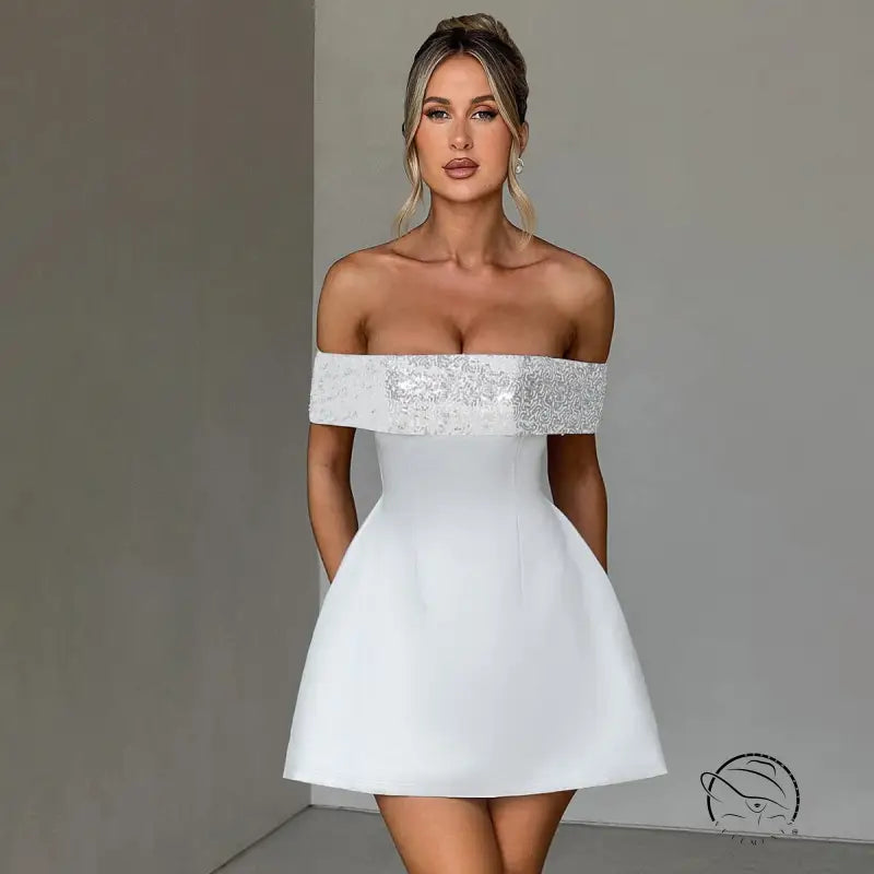 Elegant off-shoulder white mini dress with sequined bodice and flared skirt in Langry fashion