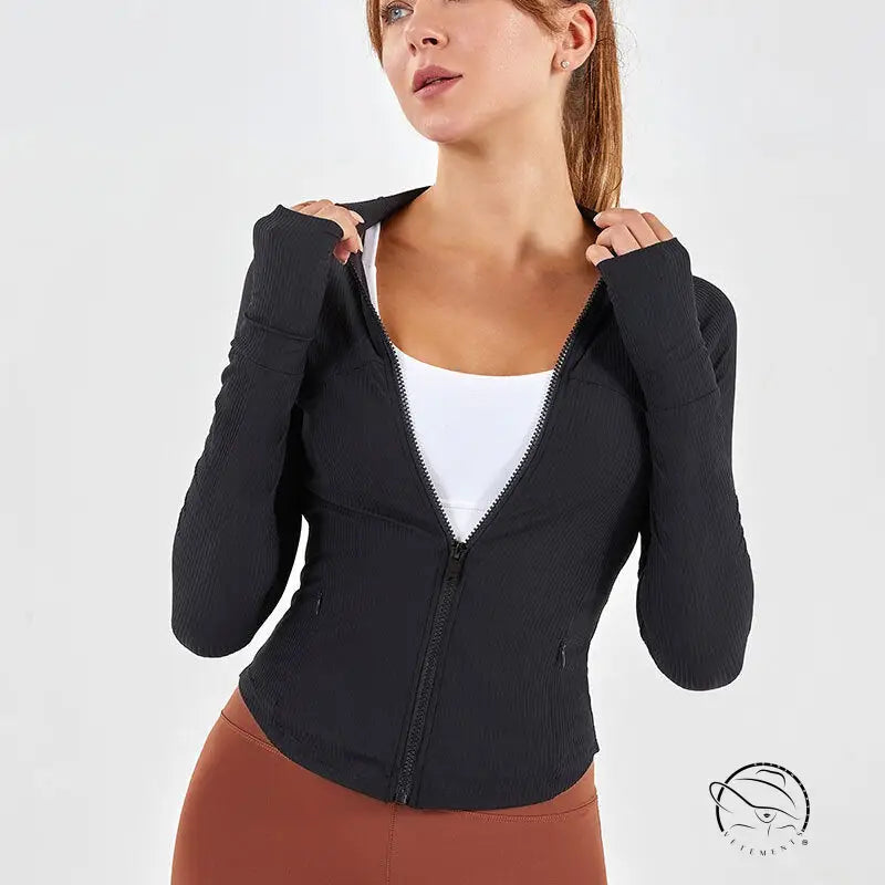 Black ribbed zip-up slim fit yoga jacket with stand-up collar
