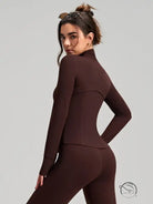 Long sleeve yoga jacket in brown spandex with stand collar and finger stalls