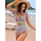 Flounced Belt One Piece Swimsuit featuring a floral print and stylish green belt, perfect for langry fashion