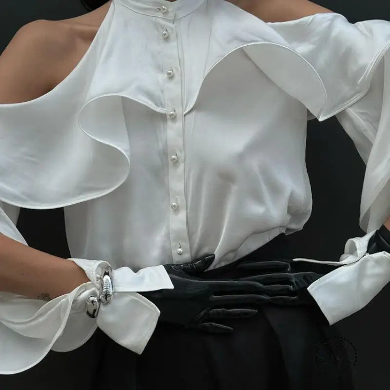 Elegant French design halter top in white ruffles with bow sleeves