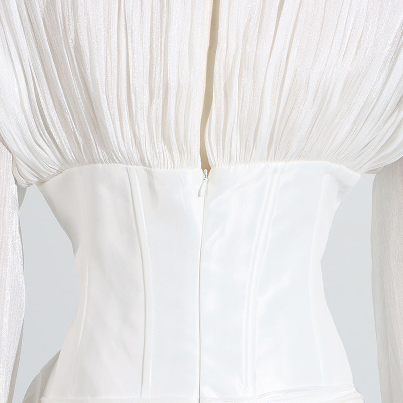 Langry fashion white satin corset ruffled short dress with zipper and pleats