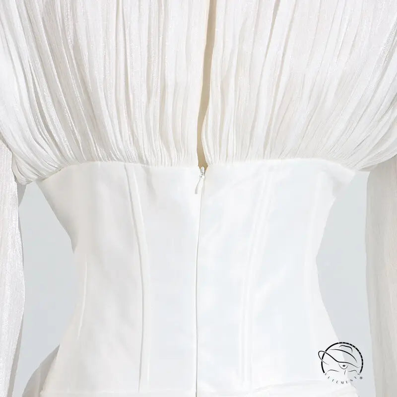 White satin langry fashion corset with zipper and pleated skirt dress