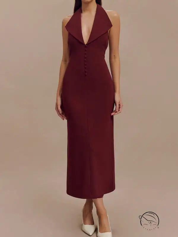 Burgundy halter midi dress in langry fashion ملابس style