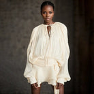 Elegant cream-colored short mesh dress with gorgeous design