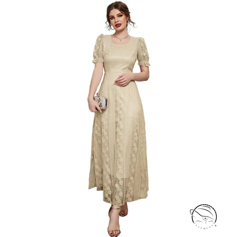 Beige lace midi dress with puff sleeves, floral embroidery, Langry fashion