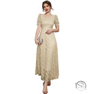 Beige lace midi dress with puff sleeves, floral embroidery, Langry fashion