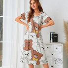 Women’s short-sleeve pajamas dress home wear with teddy bear print