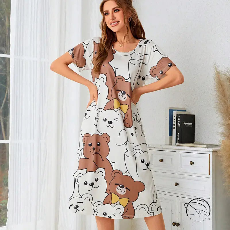 Women’s short-sleeve pajamas dress home wear with teddy bear print