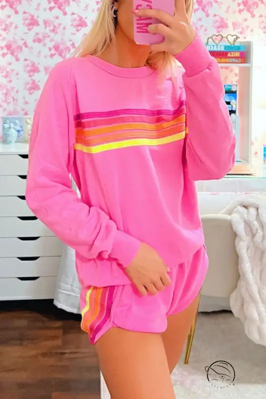 Pink loose slim fit casual sweatshirt with orange yellow stripes