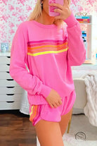 Pink loose slim fit casual sweatshirt with orange yellow stripes