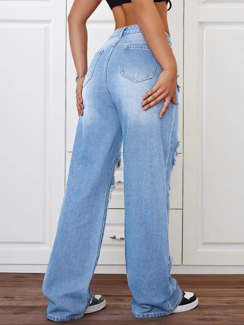 Light blue Langry high-waisted ripped denim trousers, relaxed fit fashion