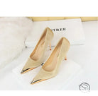 Elegant beige high-heeled pumps with gold pointed toes from Cocktail Luxury, langry fashion