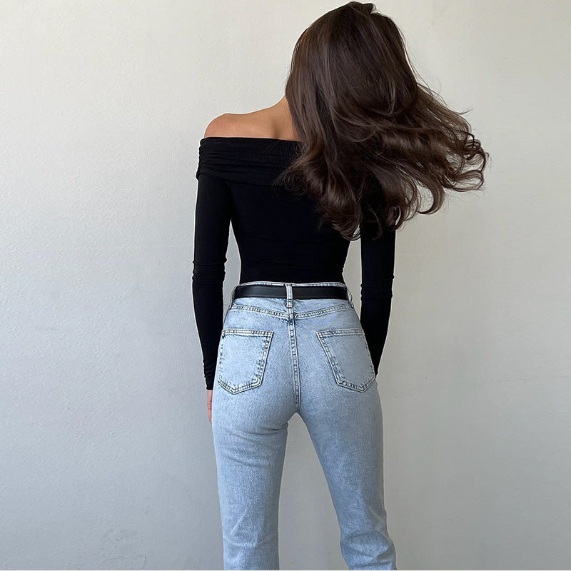 Langry fashion black off-shoulder bodysuit with ملابس high-waist jeans