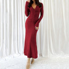 Burgundy long-sleeved ruched dress from Beautiful Knitted Dress for elegant fashion ملابس