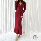 Beautiful knitted burgundy long-sleeved ruched dress