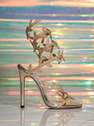Langry fashion silver high heel sandal with leaf design and clear straps