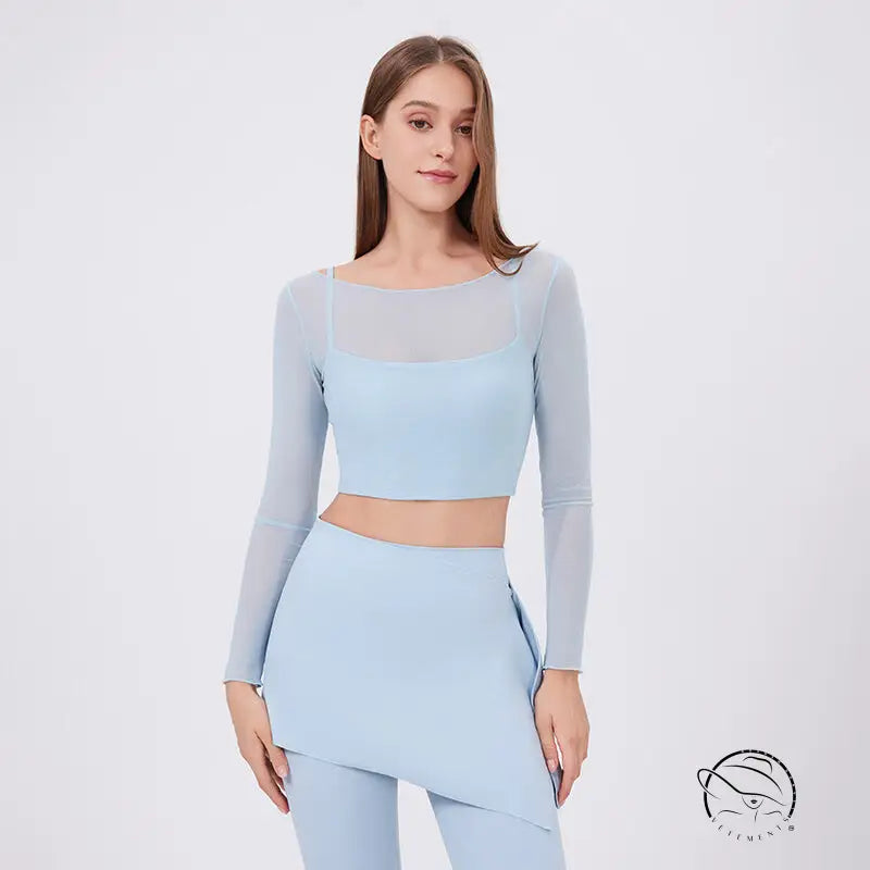 Light blue faux two piece mesh sports long sleeve crop top and skirt set