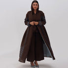 Brown abaya multicolor maxi dress with silver embroidery and sheer sleeves