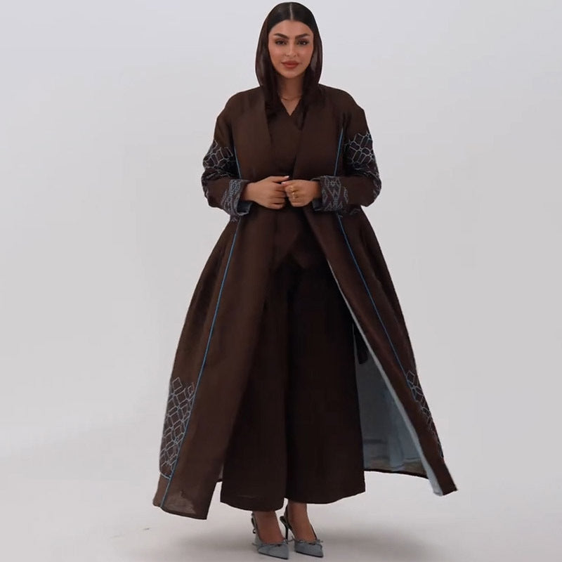 Brown abaya multicolor maxi dress with silver embroidery and sheer sleeves