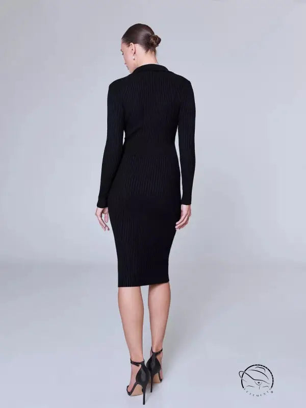 Black ribbed midi knitted dress with elegant polo collar