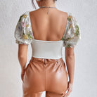 White floral backless puff sleeve corset with steel ring boning for stylish comfort