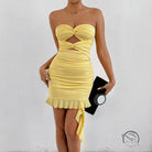 Yellow strapless ruched langry fashion dress in gorgeous ruffled sheath style