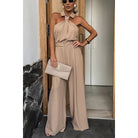 Beige halter-neck jumpsuit showcasing langry fashion for summer casual wear