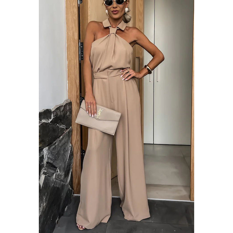 Beige halter-neck jumpsuit showcasing langry fashion for summer casual wear