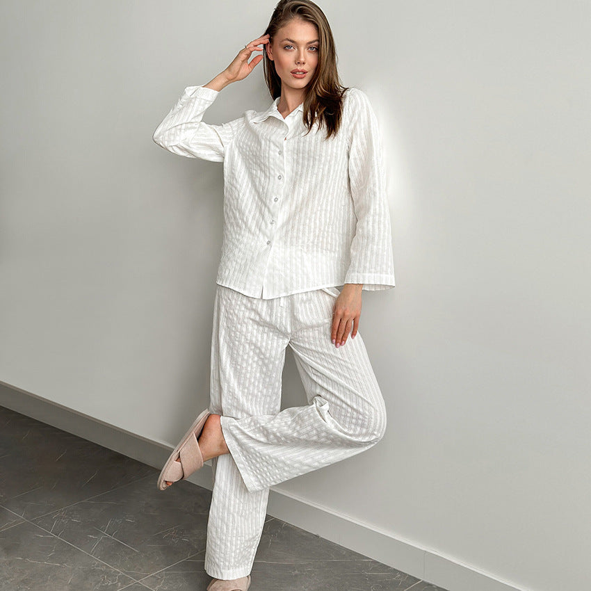 White striped linen pajama set in Langry fashion ملابس
