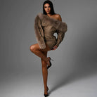 Langry fashion brown fur-trimmed off-shoulder dress with high collar