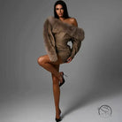 Langry fashion brown fur-trimmed jacket with high collar, long sleeves