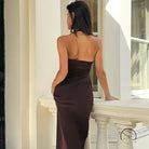 Stunning halter split maxi dress in sleeveless brown fabric