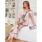 Pink satin pajama set with black leopard print, ideal women home clothes for autumn winter