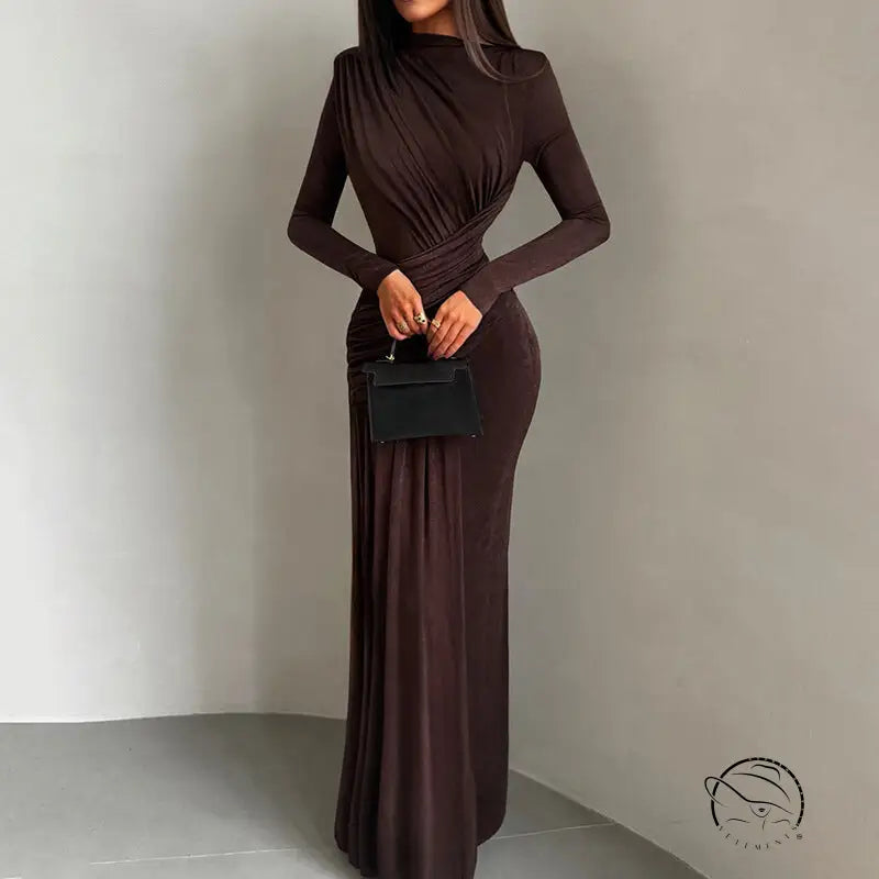 Brown slim fit winter pleated maxi dress with draped neckline and side slit