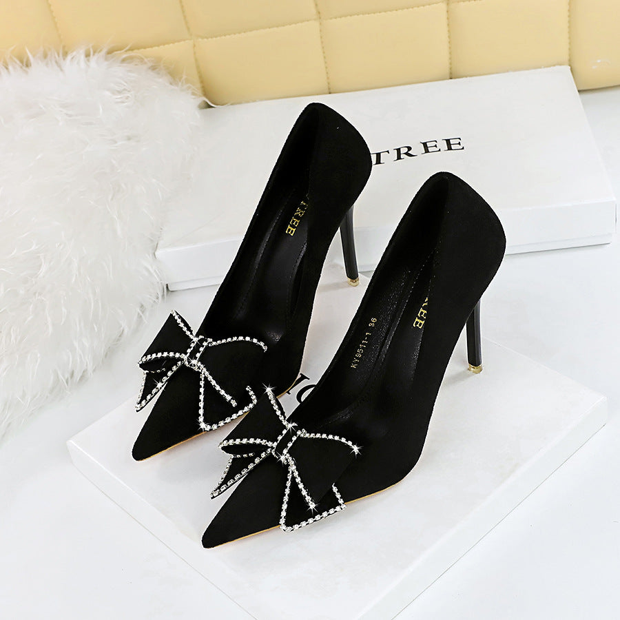 Shallow Mouth Pointed Toe Rhinestone Bow High Heel