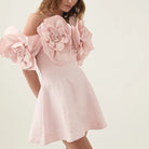 Pale pink off-shoulder dress with rose embellishments, perfect for elegant fashion styles