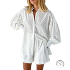 White oversized button-up shirt in French jacquard pajamas set