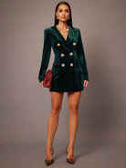 Elegant emerald green velvet blazer dress by Langry fashion, ملابس