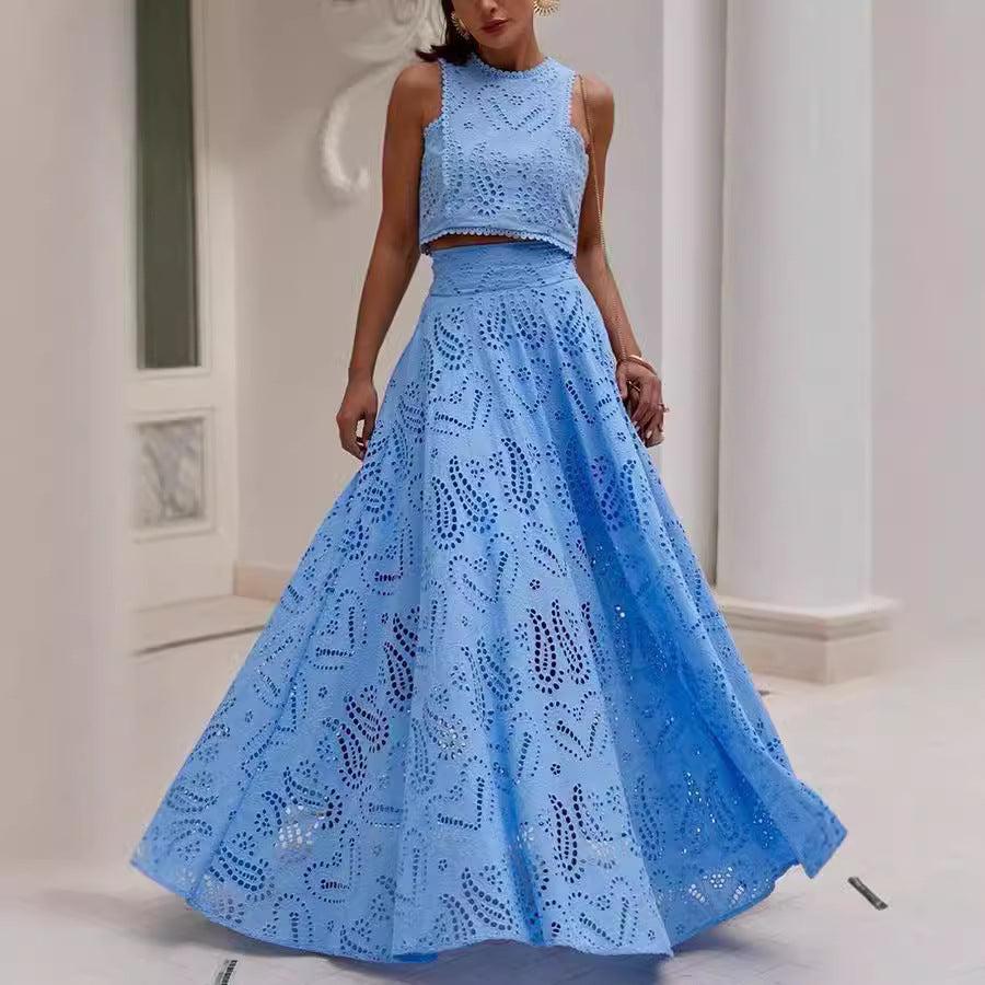 Light blue eyelet two-piece dress from Langry, perfect for casual vacation fashion